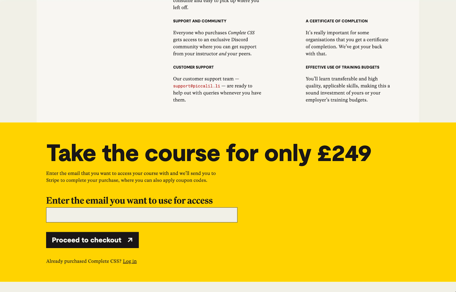 The same section of the webpage, but now with a full bleed, yellow block that features a massive heading 'Take the course for only £249'