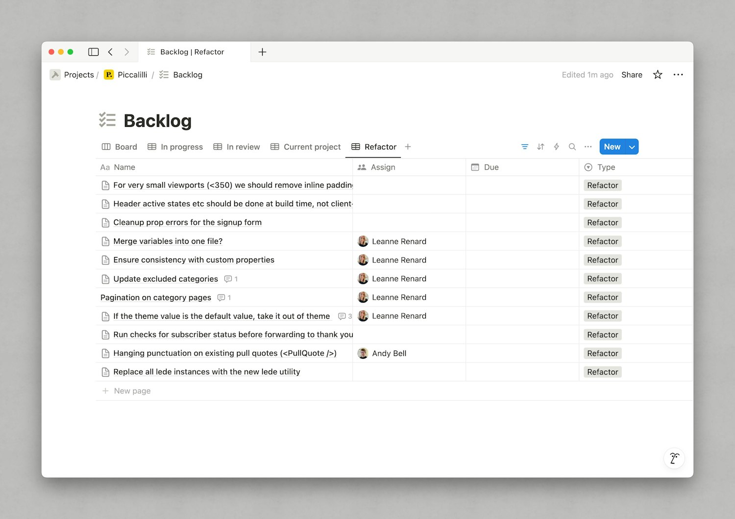 A Notion board titled 'Backlog' under the 'Refactor' tab shows a list of tasks with columns for assignment, due date, and type. Tasks include items like removing inline padding for small viewports, merging variables, and updating excluded categories. All tasks are tagged as 'Refactor'.