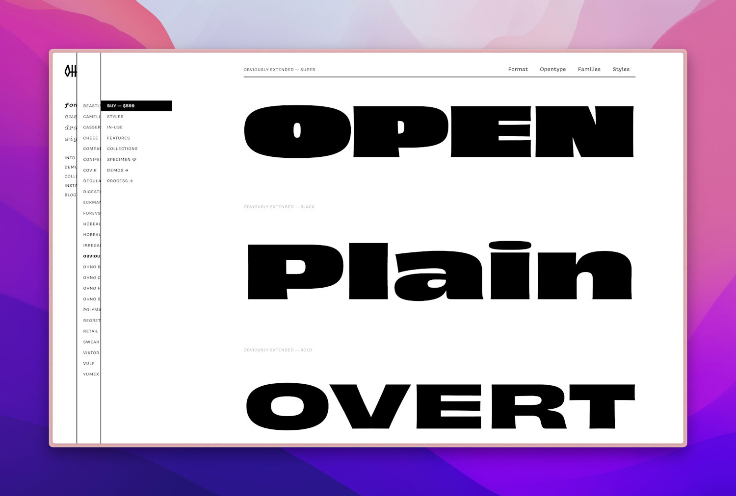 Screenshot of the Obviously Extended font on the OH no type company website, showing its very wide characters