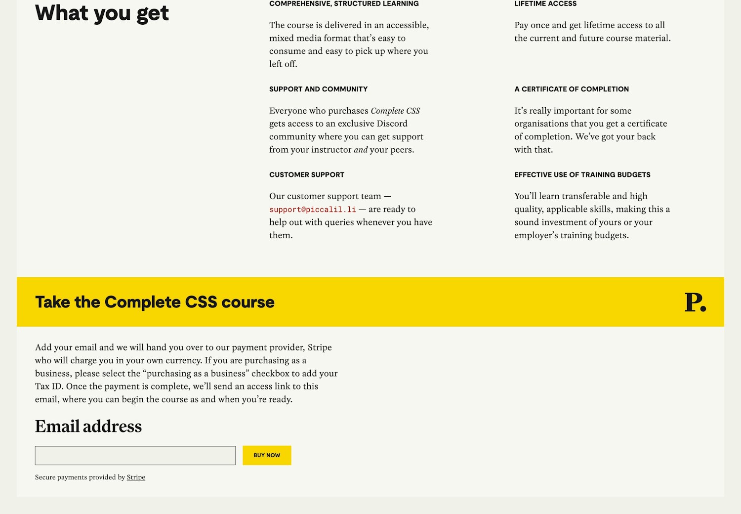 A portion of the course marketing page lists benefits like lifetime access, community support, certificate of completion, and training value. A yellow banner prompts users to take the course, followed by an email input and 'Buy Now' button to purchase via Stripe.