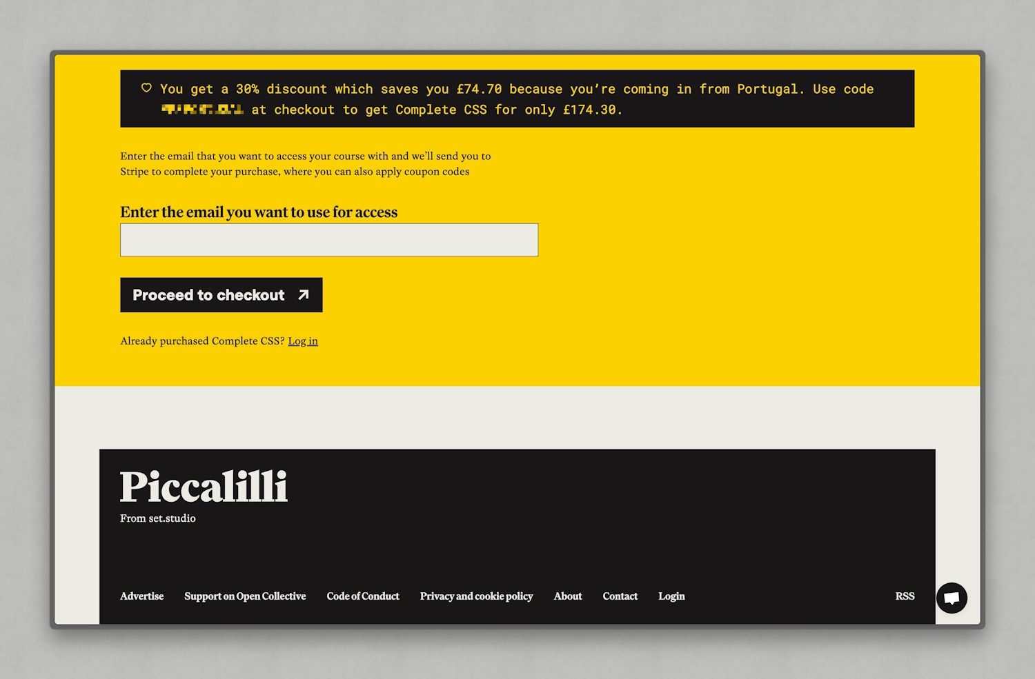 The main CTA has a black banner on a yellow background and offers a 30% discount for visitors from Portugal with a promo code that is obfuscated, along with a price saving broken down in a human readable form.