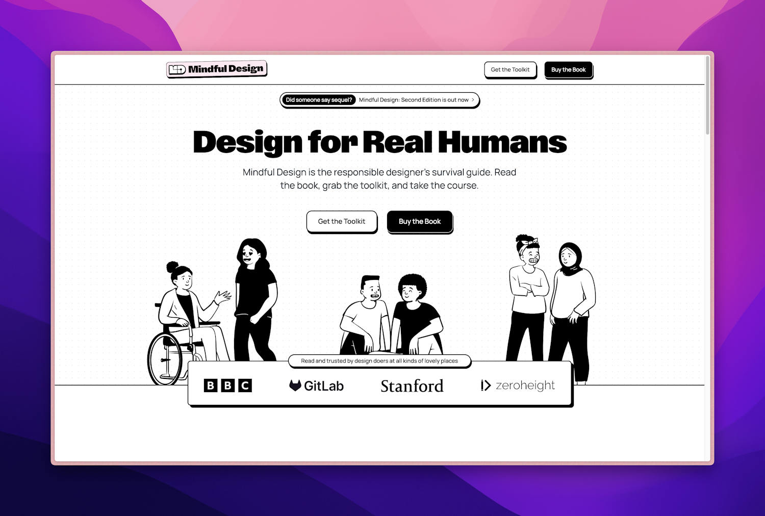 A screenshot of Scott’s Mindful Design website, showing the fantastic brand identity he’s already designed with monochrome and illustrated people