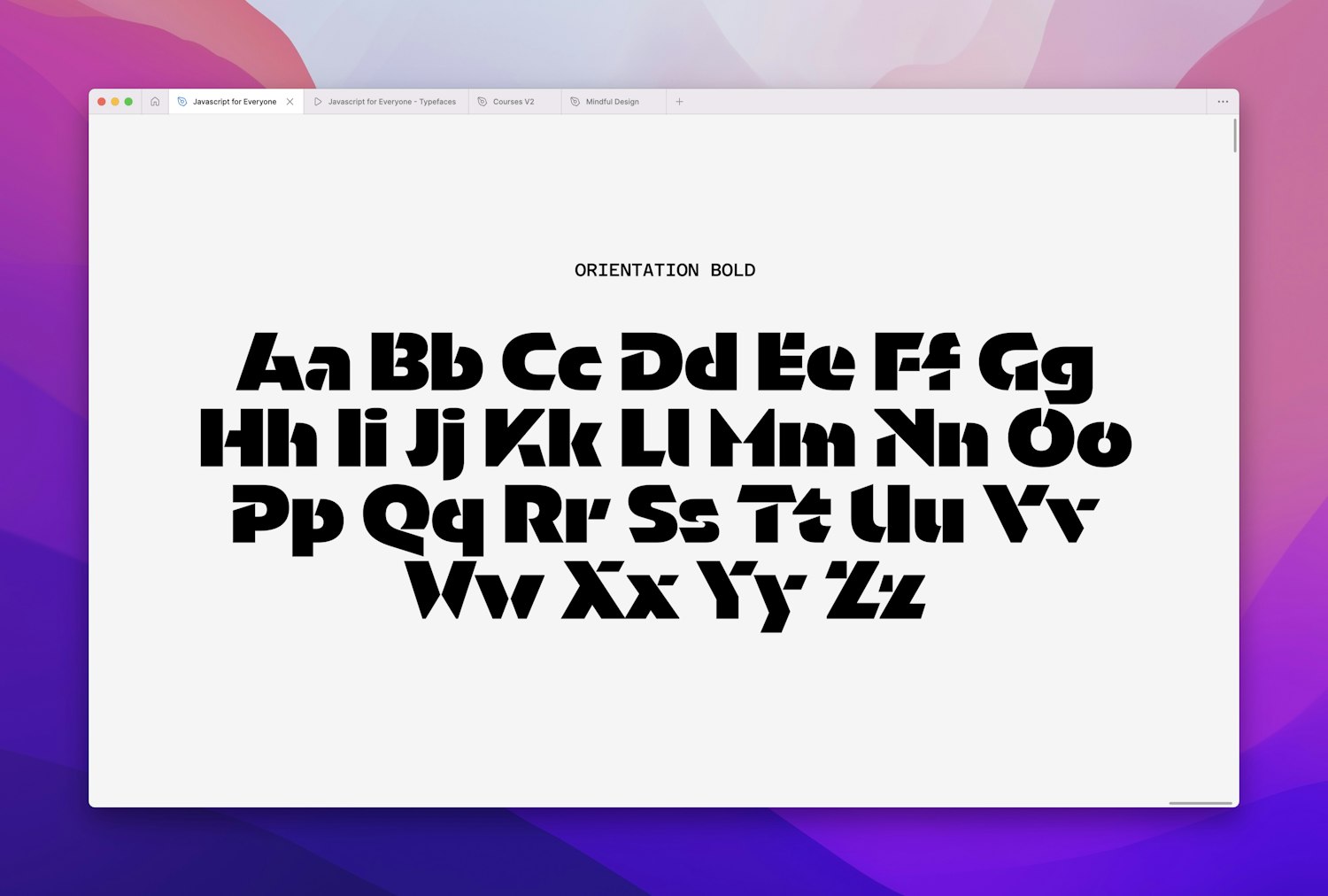 A small title reads “Orientation Bold” above some text set in the Orientation Bold font showing uppercase and lowercase character pairs A–Z.