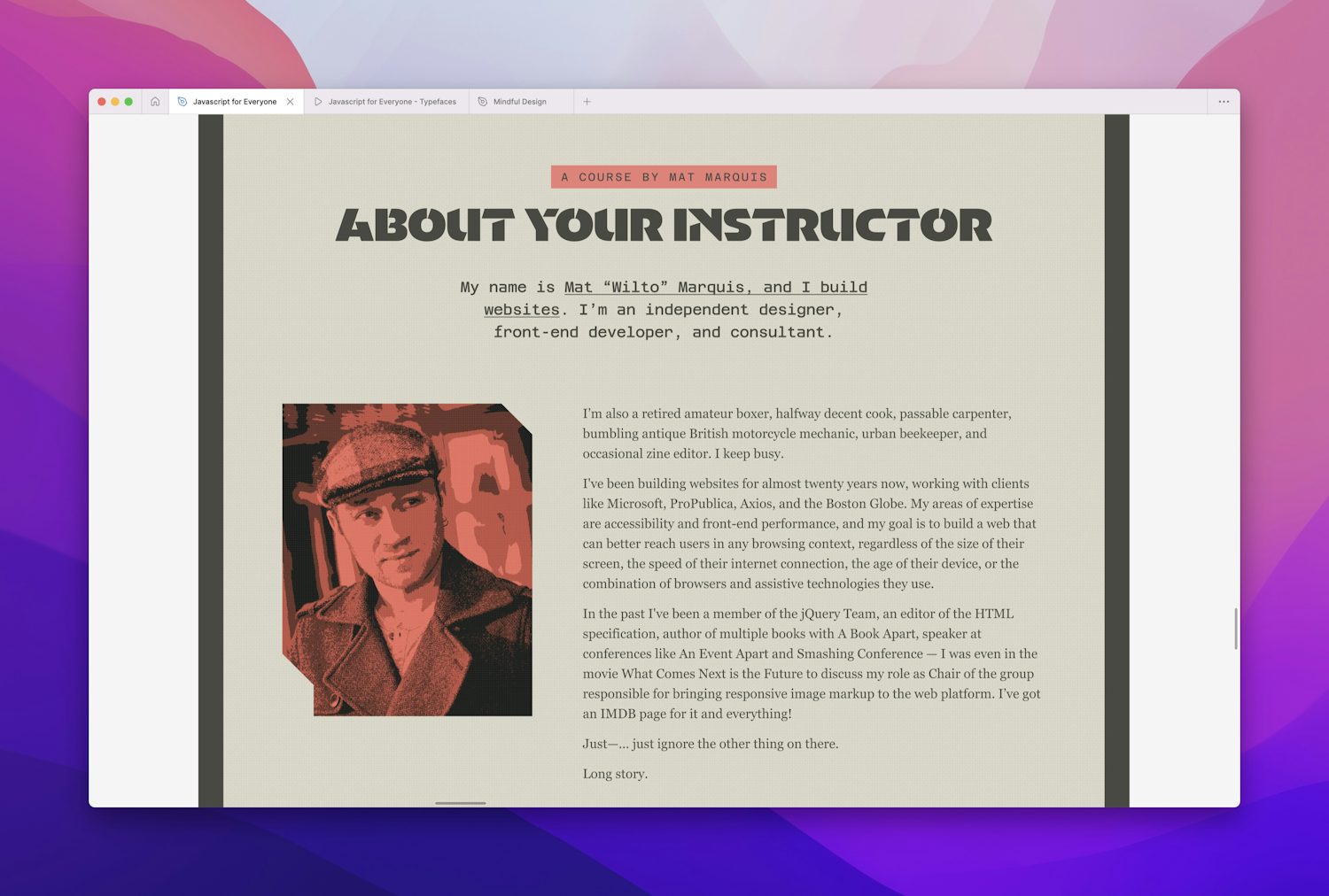 A section of a landing page design shows a red photo of course author Mat Marquis beneath the heading “About Your Instructor”. The image has dither effects and is masked by angled shapes.