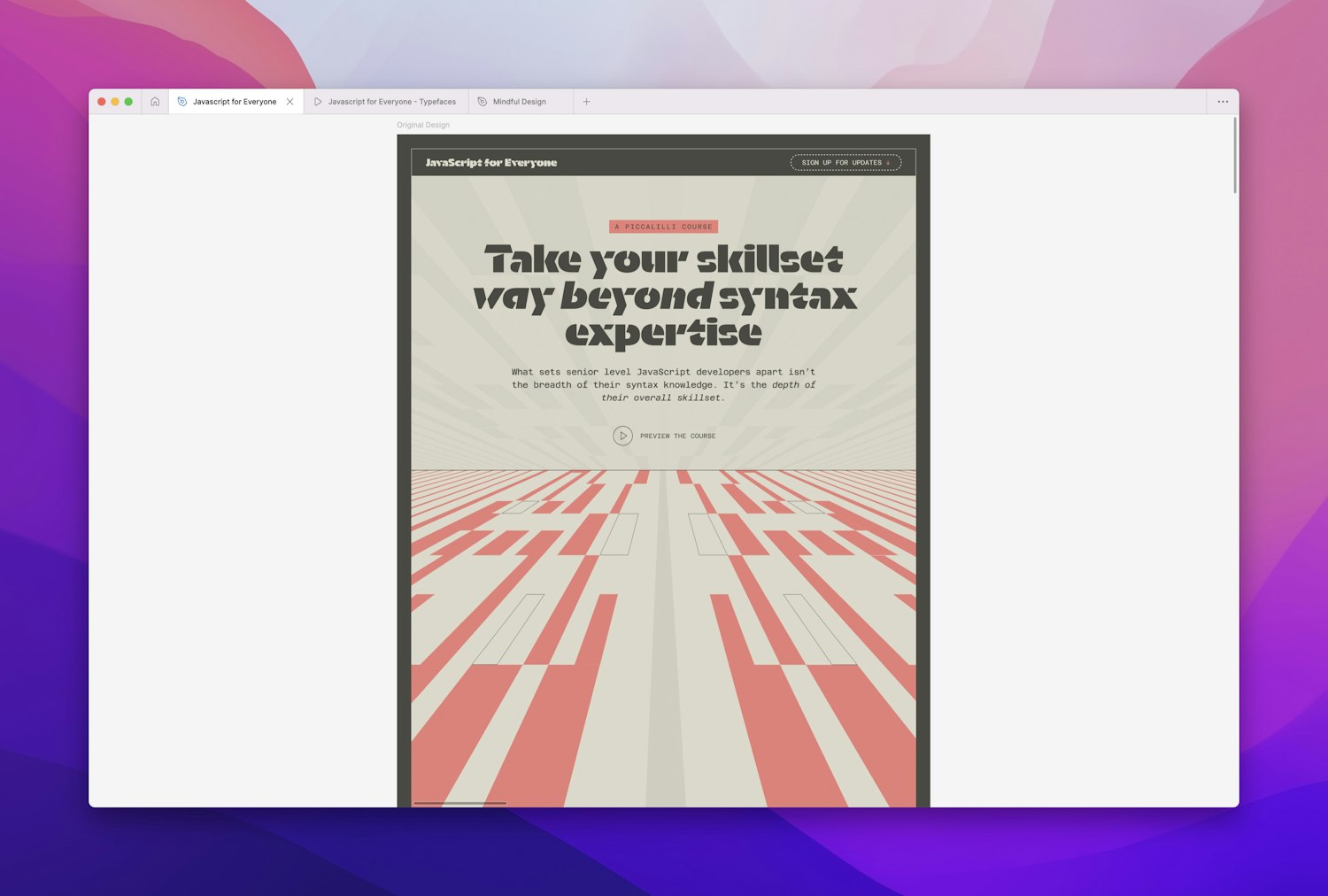 The top of a landing page shows a hero section design with the headline “Take your skillset way beyond syntax expertise” above a runway graphic that appears to fade away into the horizon.
