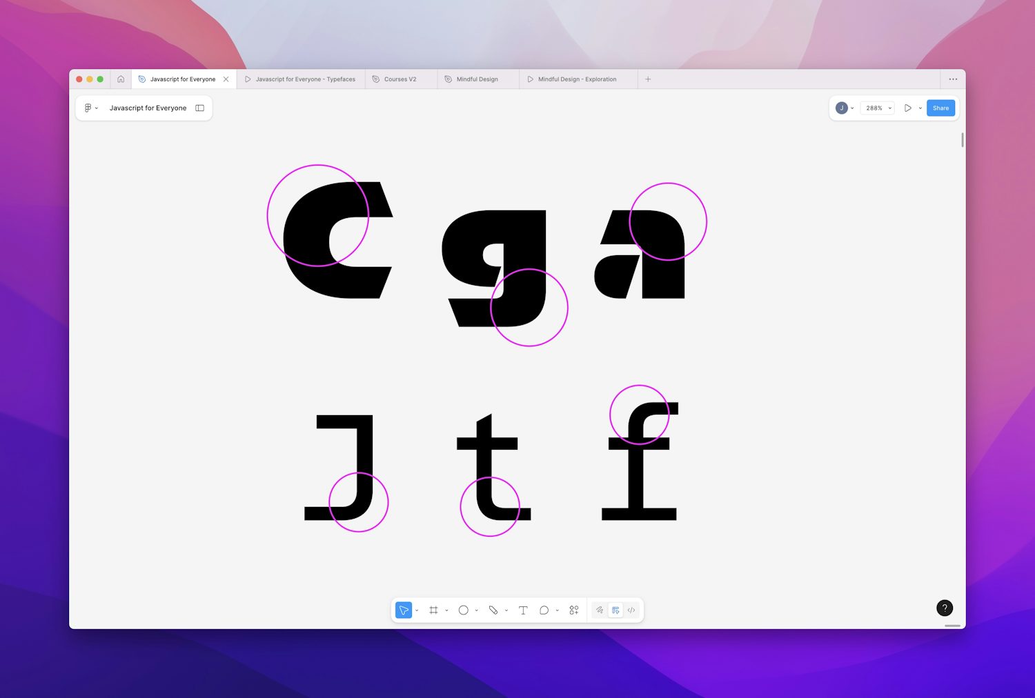 The letters C, g, and a are set in Orientation Bold, above the letters J, t and F set in Azeret Mono. The rounded corners of the letterforms within both fonts are highlighted in magenta circles.