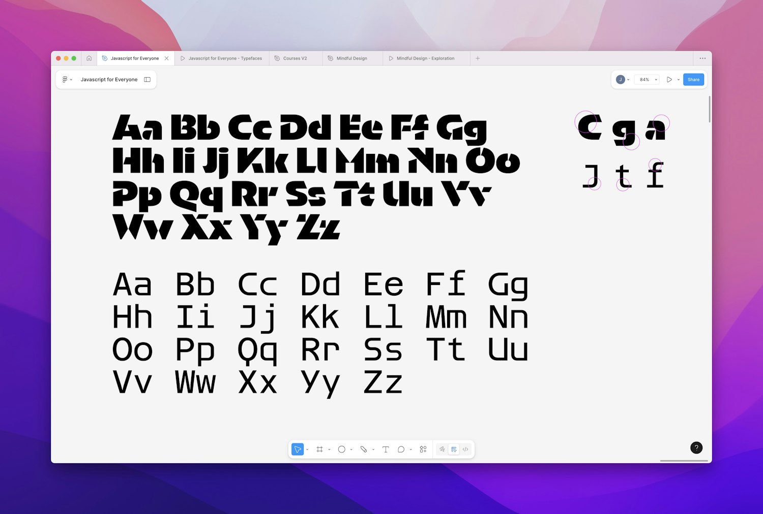 Text set in the Orientation Bold font shows uppercase and lowercase character pairs A–Z. Below this, the same characters are repeated in the Azaret Mono font.