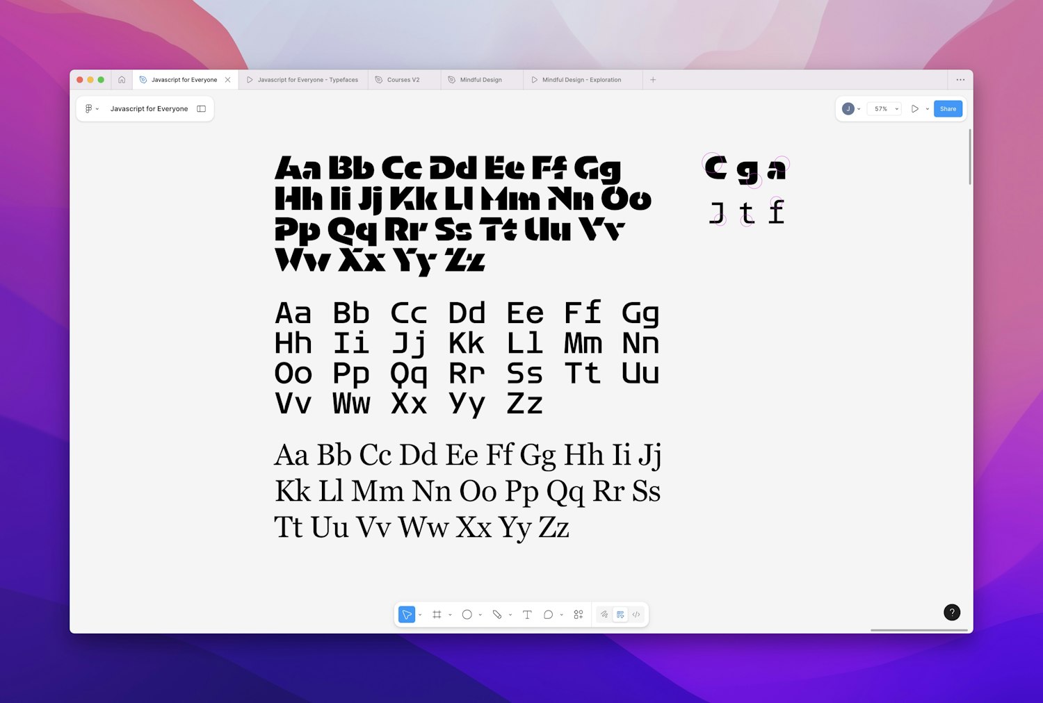 Text set in the Orientation Bold font shows uppercase and lowercase character pairs A–Z. Below this, the same characters are repeated in the Azaret Mono font. Below this the same characters are repeated in the Georgia font.