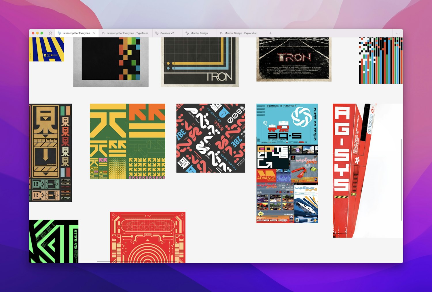 A cross-section of the mood board for the project shows several reference images with graphical iconography, using strong geometric shapes, and iconography interspersed with typographic elements. Many of the icons use bold, angled shapes.