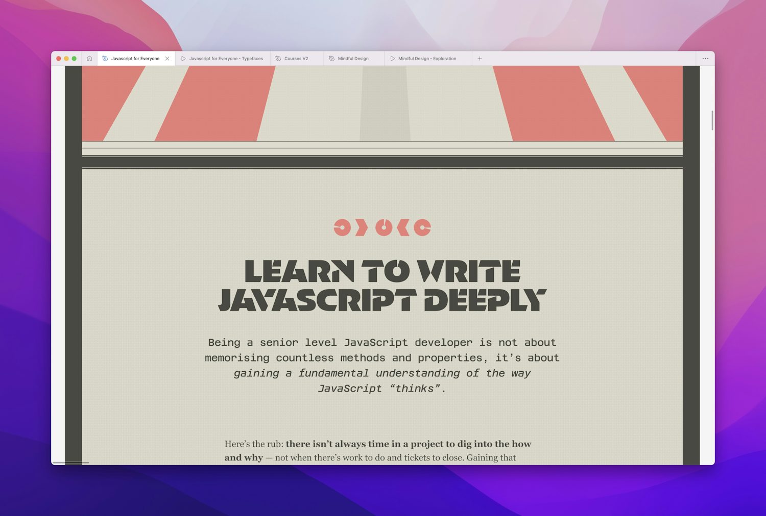 A heading reads “Learn to write JavaScript deeply” above some running copy. Above the heading are several of the graphic shapes from the previous image grouped together as icons.