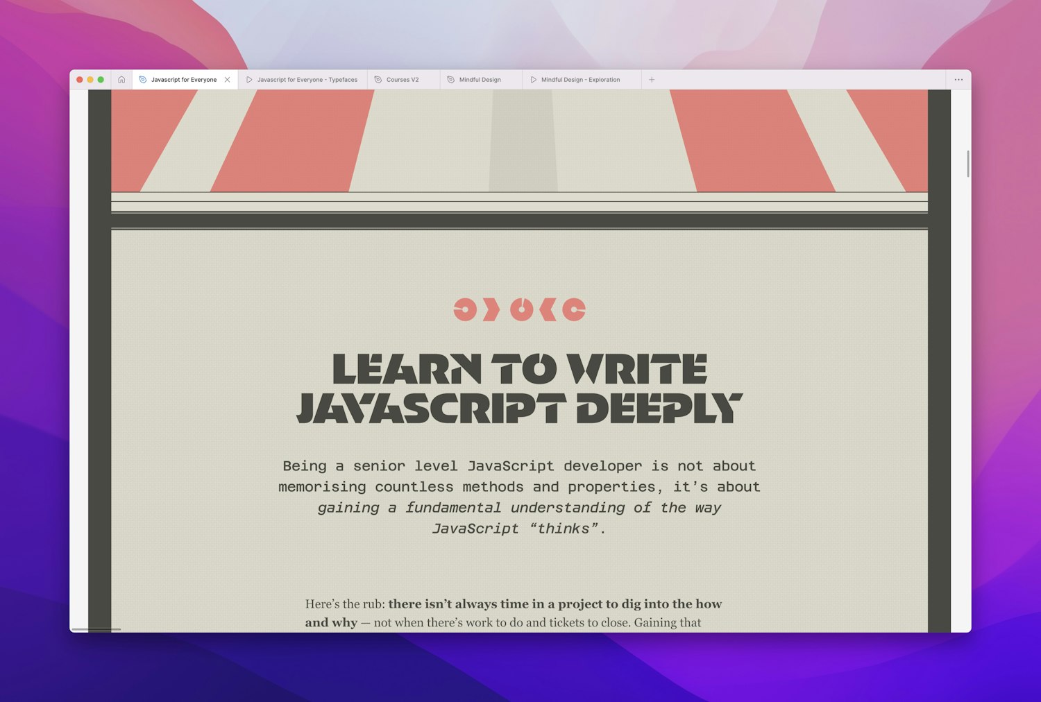 A heading reads “Learn to write JavaScript deeply” above some running copy. Above the heading are several of the graphic shapes from the previous image grouped together as icons.