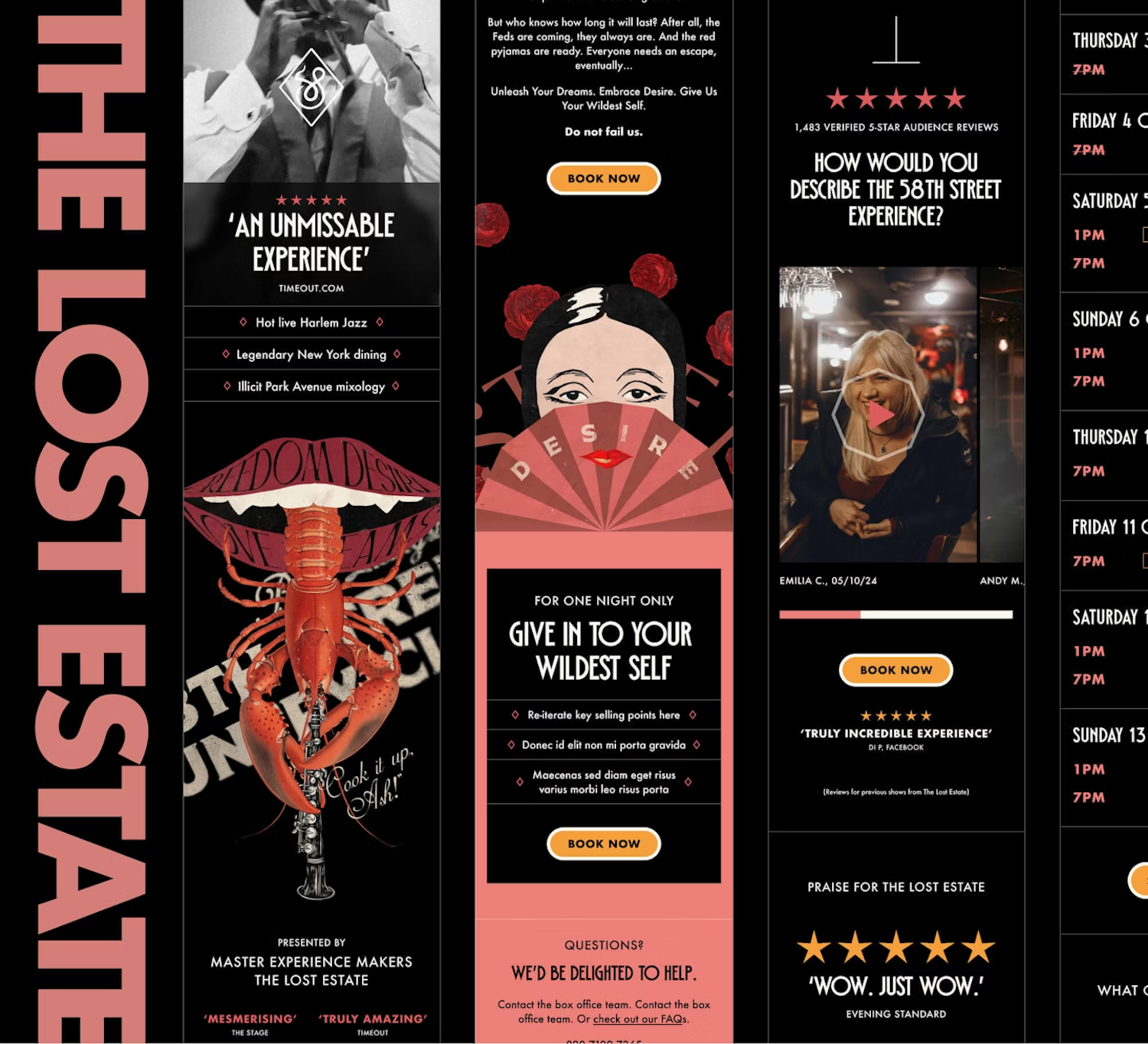 A composition of selected elements from “The Lost Estate” website, featuring bold typography, vintage-inspired illustrations, event details, customer reviews, and booking buttons. The design uses a dark theme with red and gold accents.