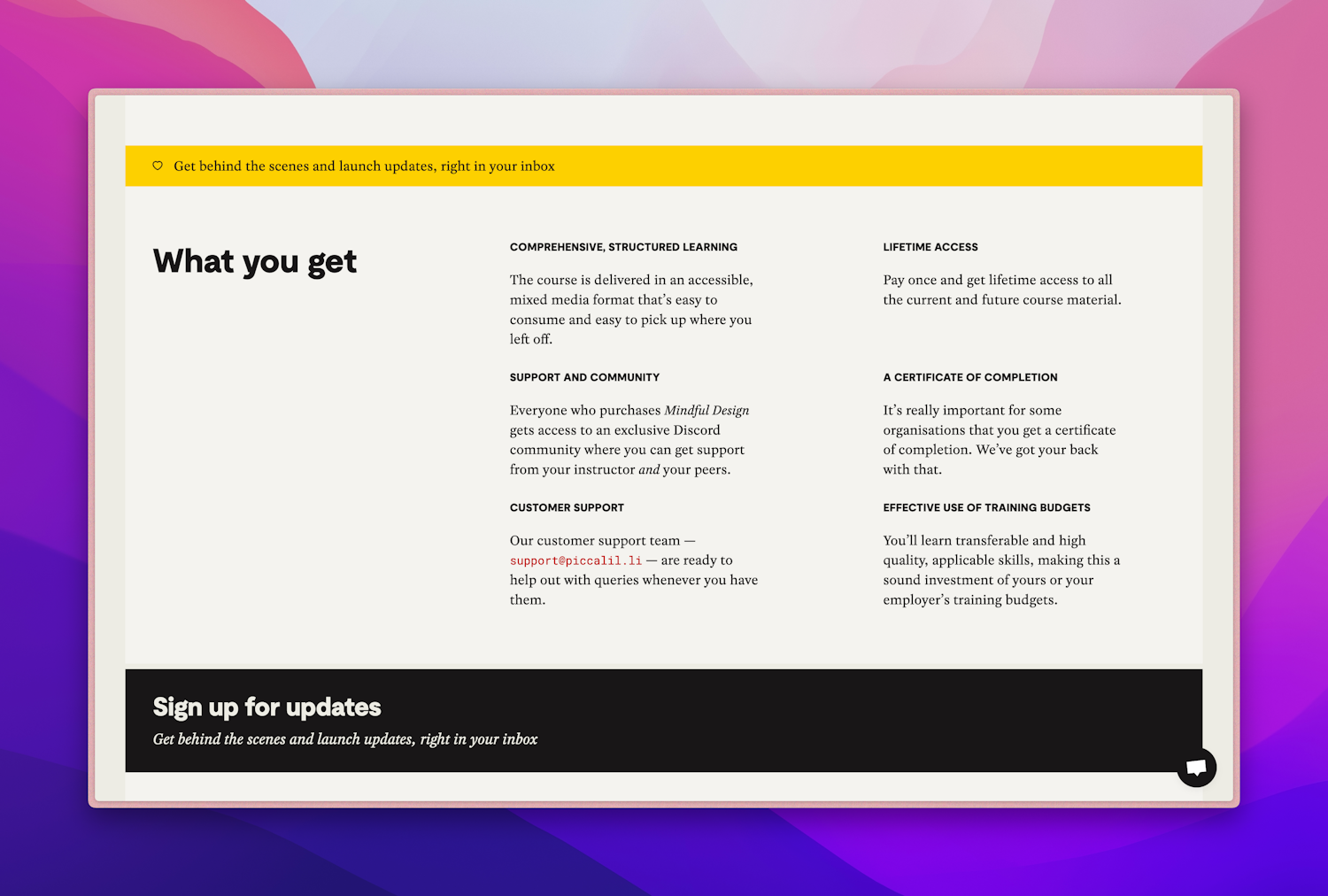 A screenshot of the “What you get section” of the landing page, showing the three column layout, with the heading sitting in the first column and reading well