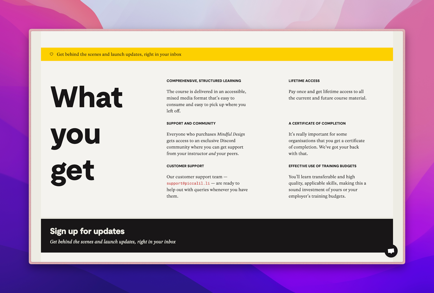 A screenshot of the “What you get” section, with the font size of the heading bumped up much larger, showing that with such a large font size and narrow column width, each word in the heading is stacked vertically