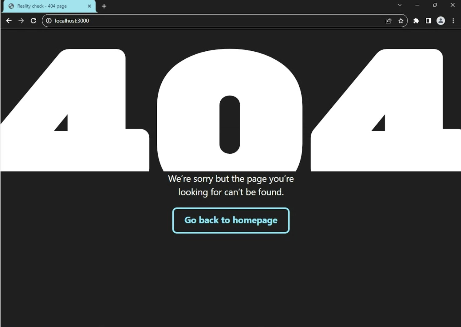 A clip from Windows high contrast mode that shows the 404 heading and the content as white, with the button being a pale blue colour with only a border and no background.