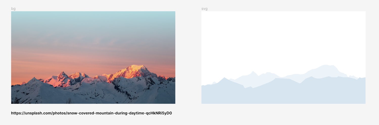 A zoomed in view of Figma, showing the photographic mountain range background image and the vector version I drew