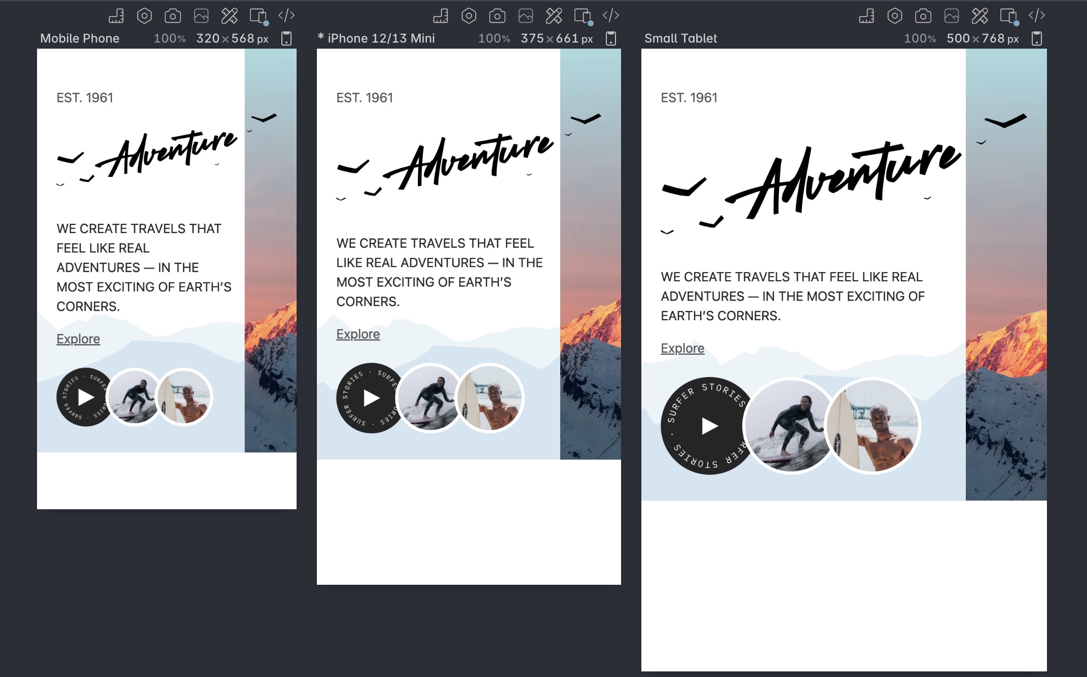 Three viewports in Polypane demonstrating what I described above