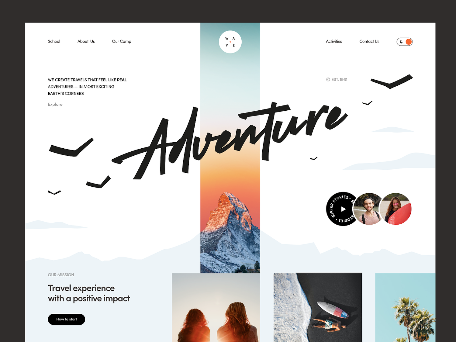 A landing page that features a mountain range background, that's clipped with a low fidelity, vector version of those mountains. It features all the usual elements of a site, but is laid out in a nice, overlapping grid layout.