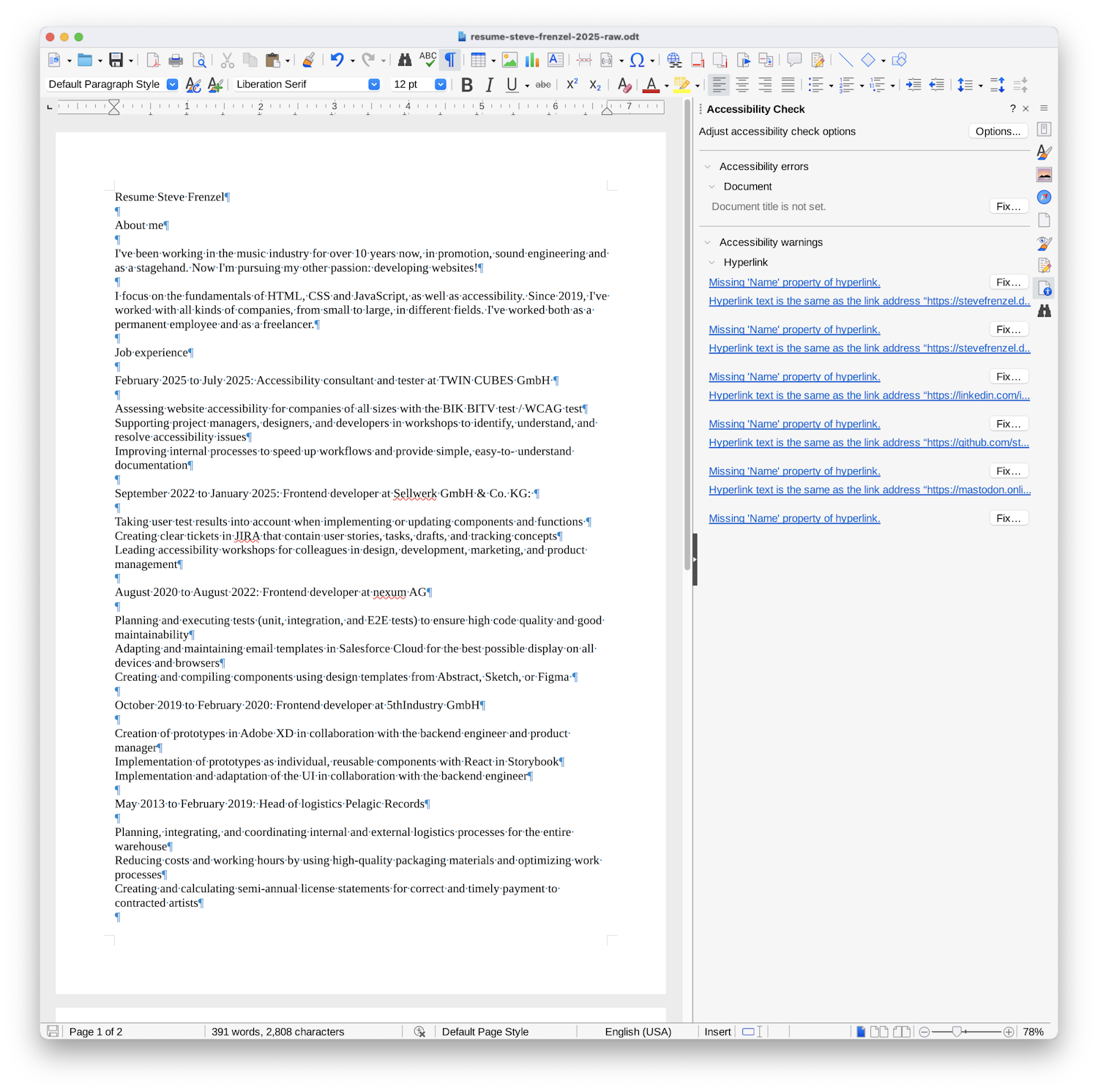 Screenshot of the LibreOffice user interface showing a document with text and an Accessibility Check panel on the right hand side. Inside the panel are one error and multiple warnings shown.