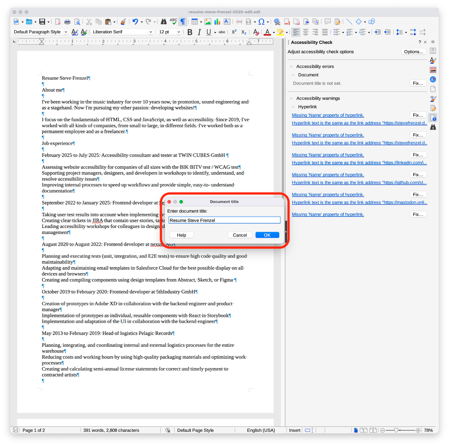 Screenshot of the LibreOffice user interface highlighting a dialog for the document title. The input field contains the words “Resume Steve Frenzel”.