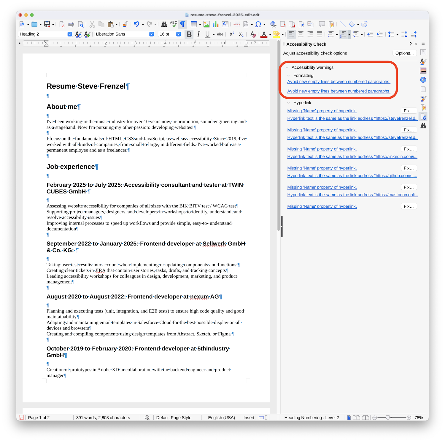 Screenshot of the LibreOffice user interface highlighting two warnings inside the Accessibility Check panel, “Avoid new empty lines between numbered paragraphs.”.