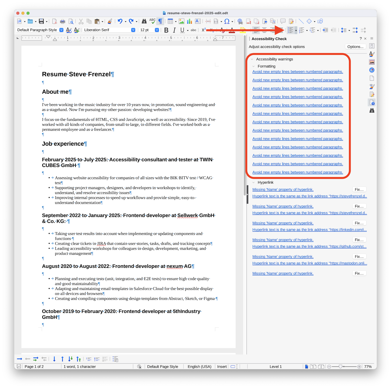 Screenshot of the LibreOffice user interface highlighting the icon to create unordered lists with a big arrow. Below are multiple “Avoid new empty lines between numbered paragraphs.” Warnings highlighted.