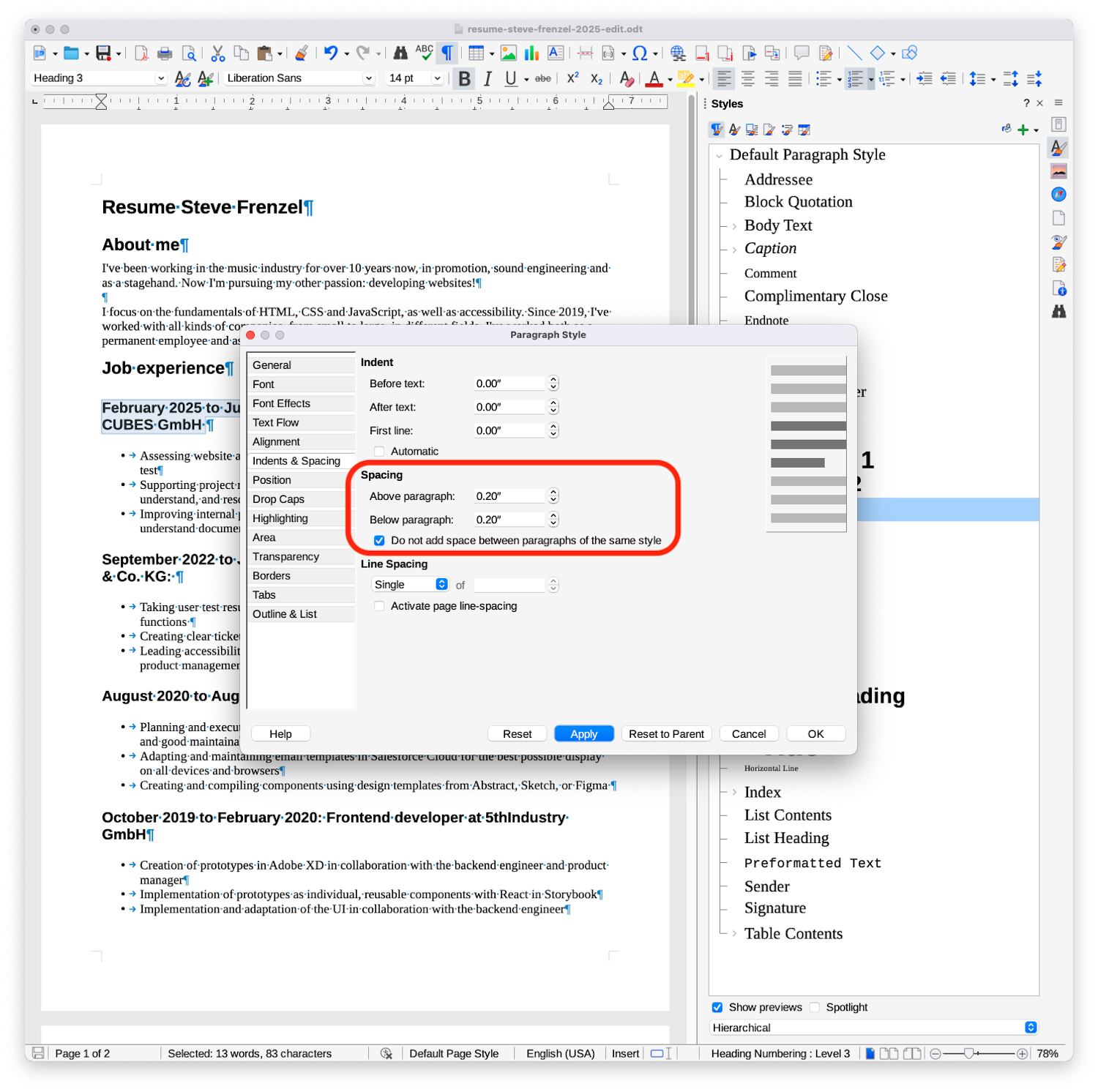  “Above paragraph” and “Below paragraph”. Both values are 0.2.