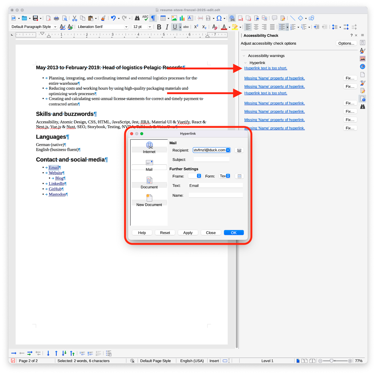 Screenshot of the LibreOffice user interface with two big arrows pointing to the accessibility warning “Hyperlink test is too short.”. It also highlights a “Hyperlink” dialog, where one can enter values for websites, emails and documents.