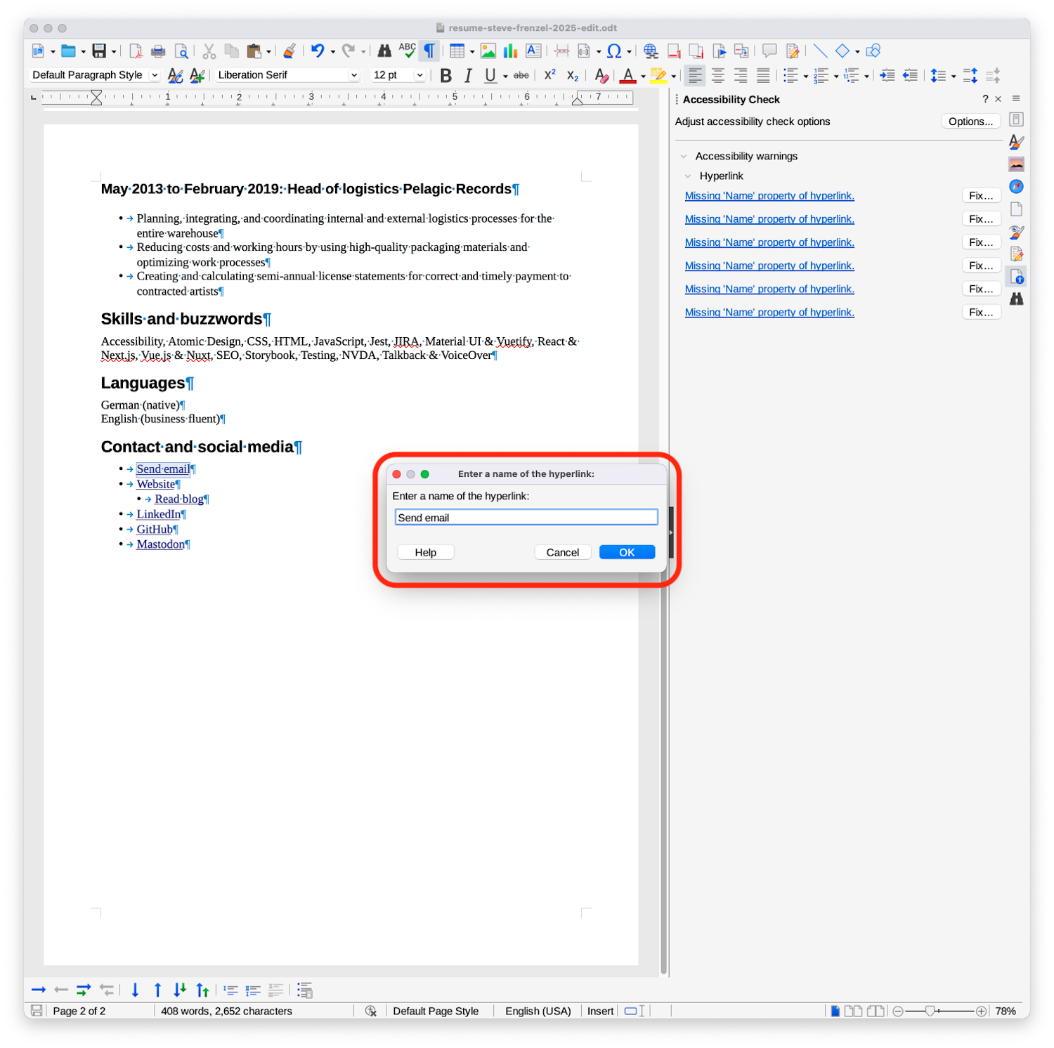 Screenshot of the LibreOffice user interface highlighting a dialog titled “Enter a name of the hyperlink.”. It contains a text input with the value “Send email” in it.