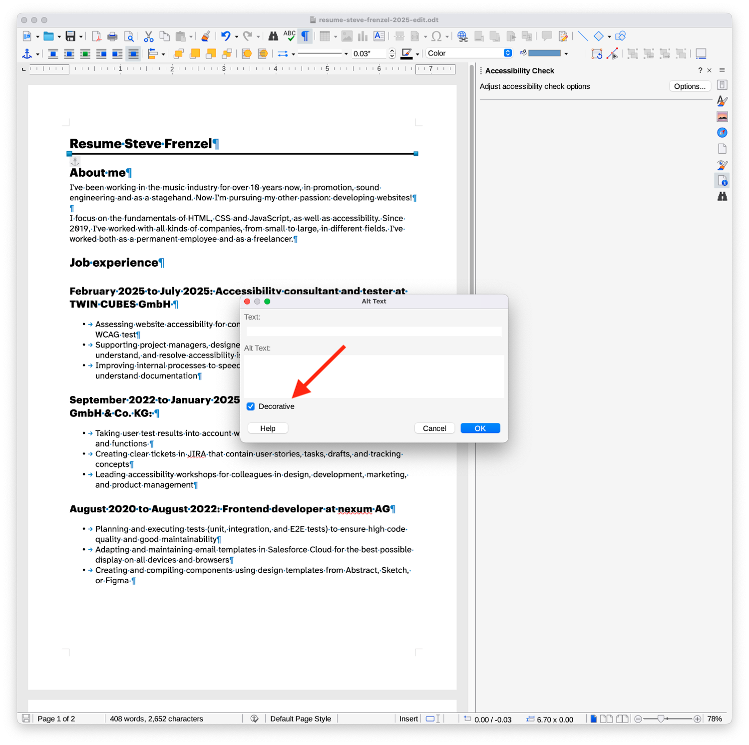Screenshot of the LibreOffice user interface showing a dialog called “Alt Text”. It contains input fields for “Text” and “Alt Text”, as well as a ticked checkbox labelled “Decorative”. A big arrow points to that checkbox.
