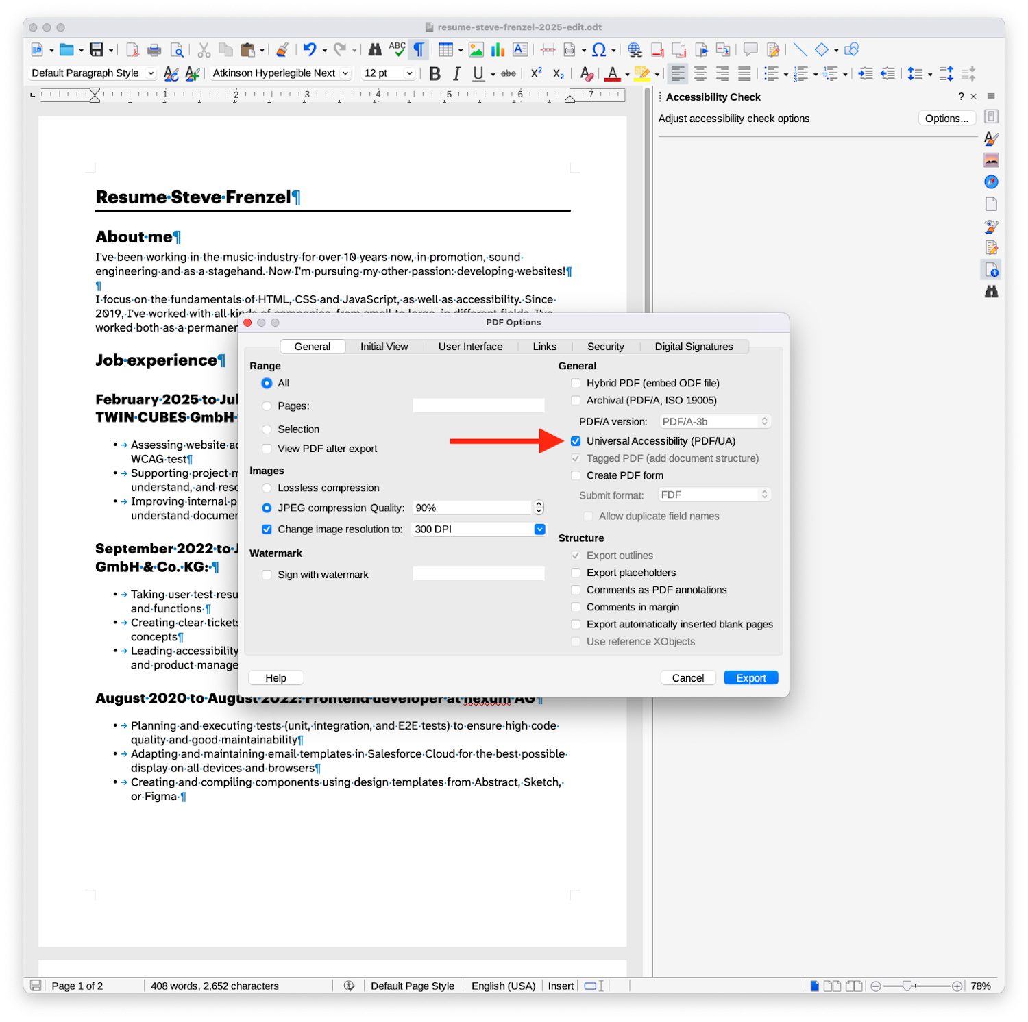 Screenshot of the LibreOffice user interface showing a dialog titled “PDF Options”. A big arrow is pointing to a ticked checkbox labelled “Universal Accessibility (PDF/UA)”.