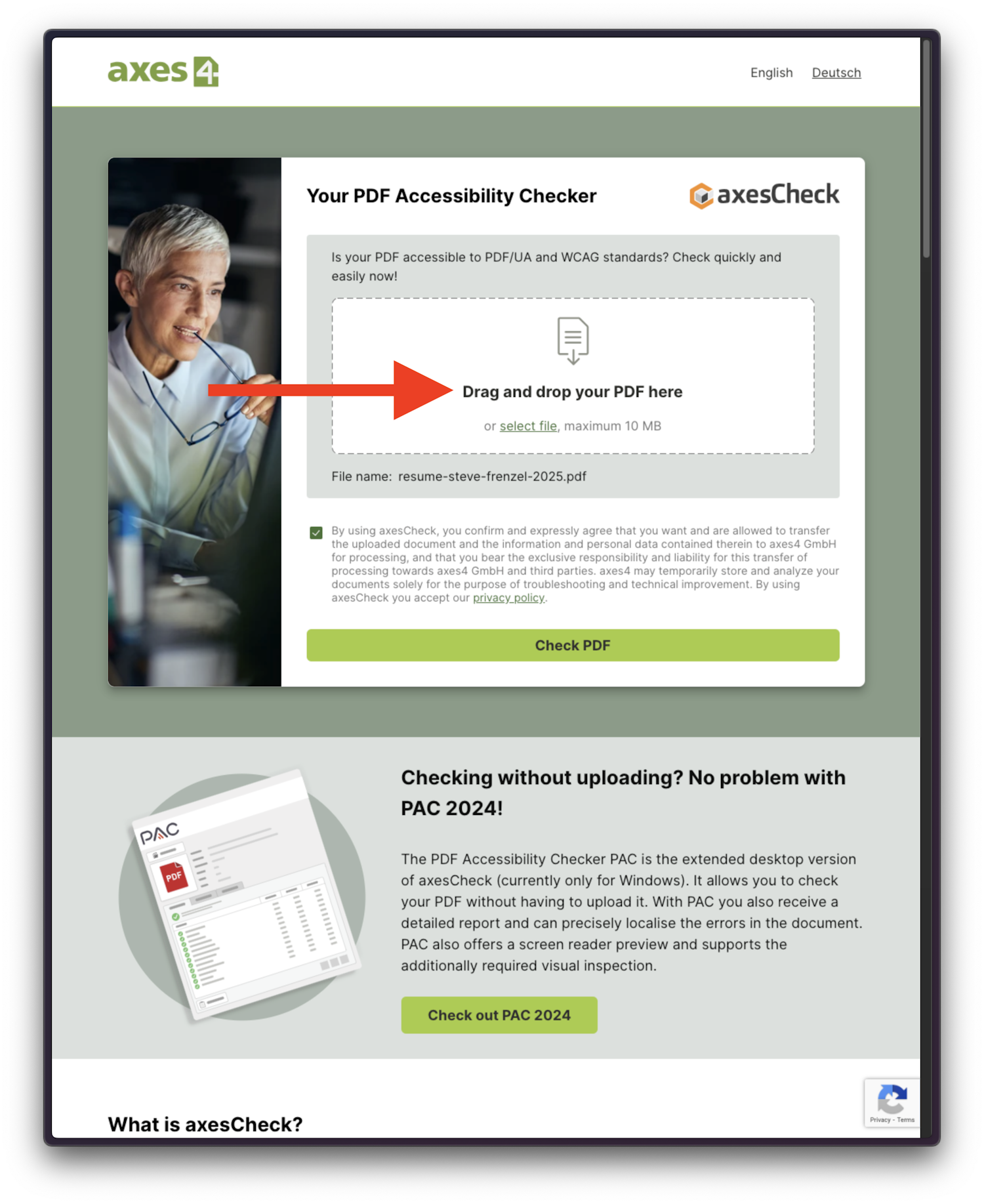 Screenshot of the axes4 website showing the drag and drop area for PDFs. A big arrow is pointing to the words “Drag and drop your PDF here”.