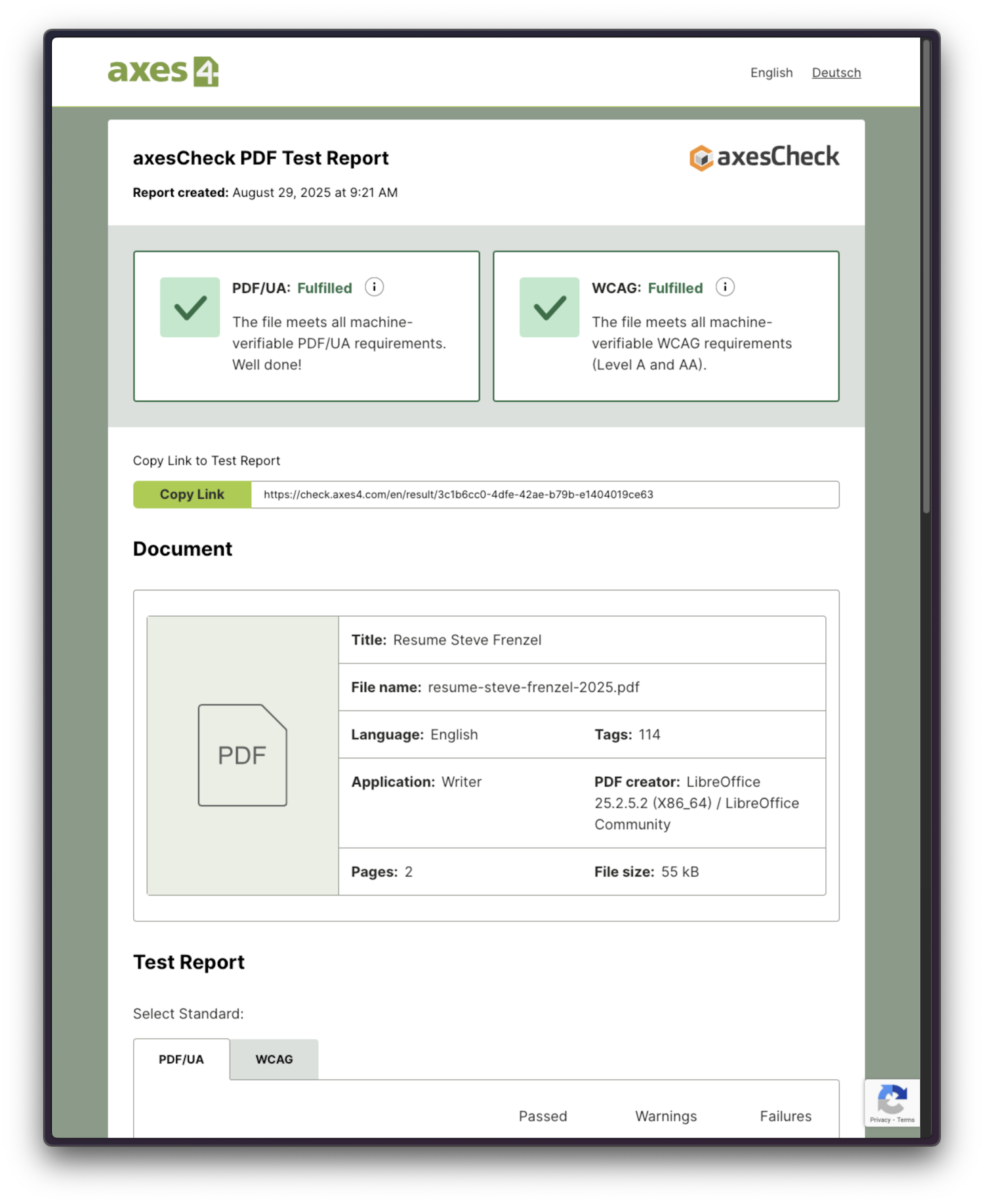 Screenshot of the axes4 website showing the results for the check. Both PDF/UA and WCAG are fulfilled. Below is more detailed information of the report.