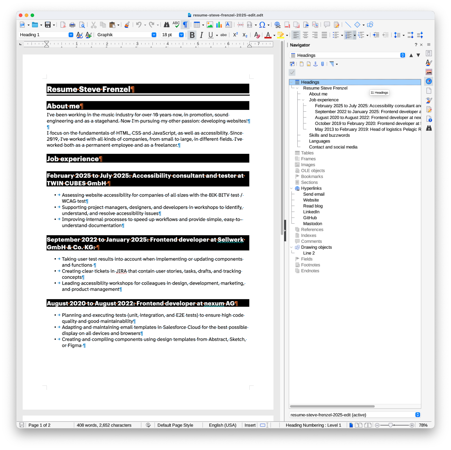 Screenshot of the LibreOffice user interface showing eleven highlighted heading elements. The “Navigator” side panel visualises the hierarchy of these elements, as well as hyperlinks and images.