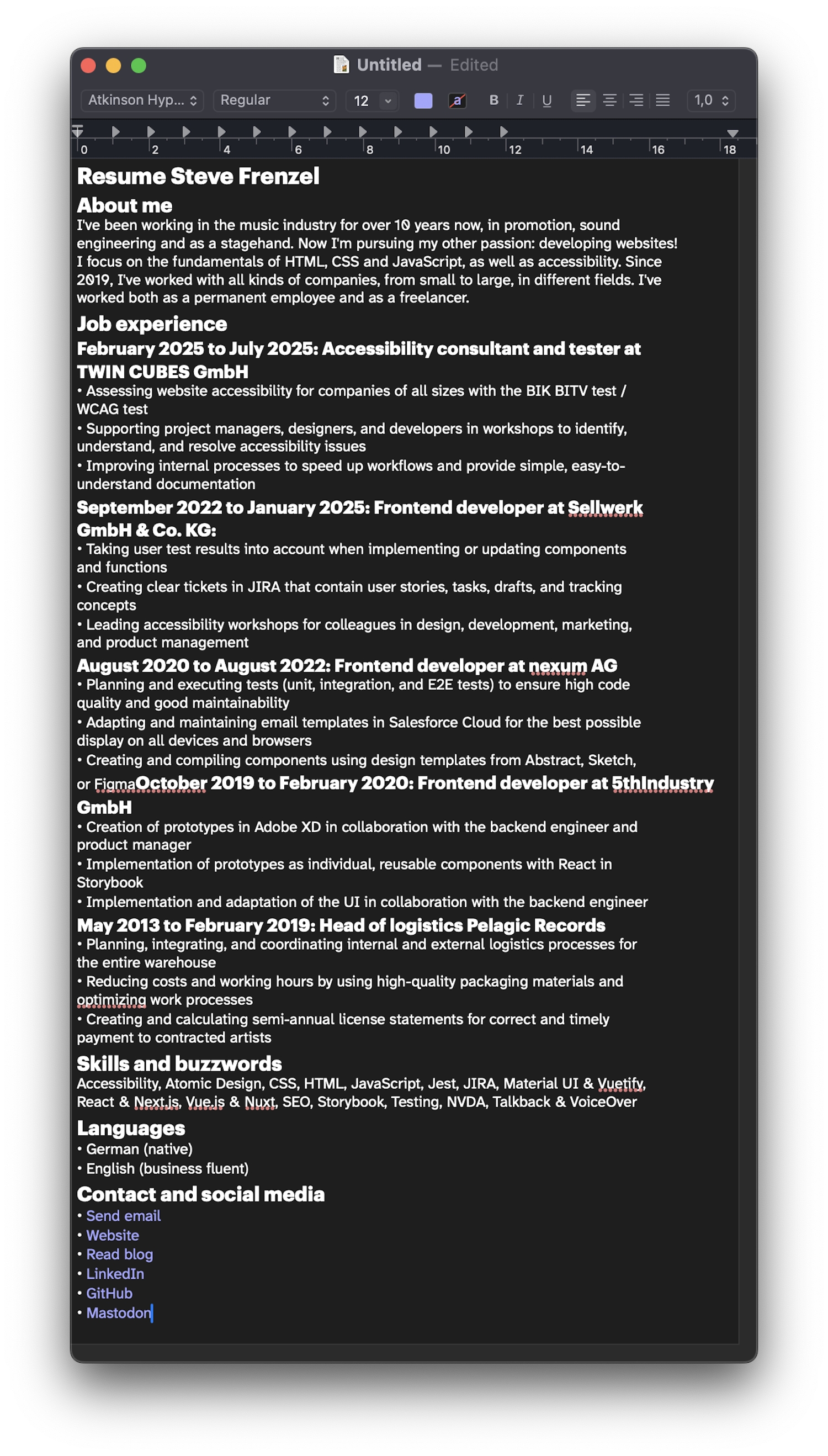 Screenshot of TextEdit on MacOS showing all text of the PDF, including custom fonts, font sizes, formatting, lists and links.