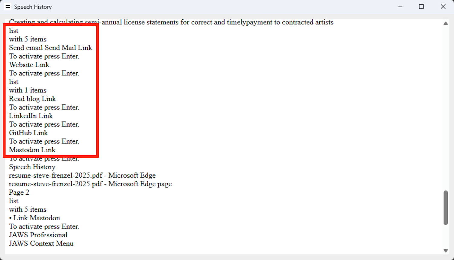 Screenshot of the Speech History window of JAWS screen reader, with the announced links highlighted. It shows six links in total.