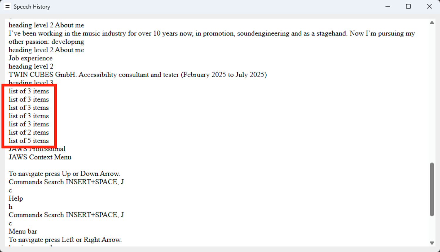 Screenshot of the Speech History window of JAWS screen reader, with the announced lists highlighted. It shows seven lists in total.