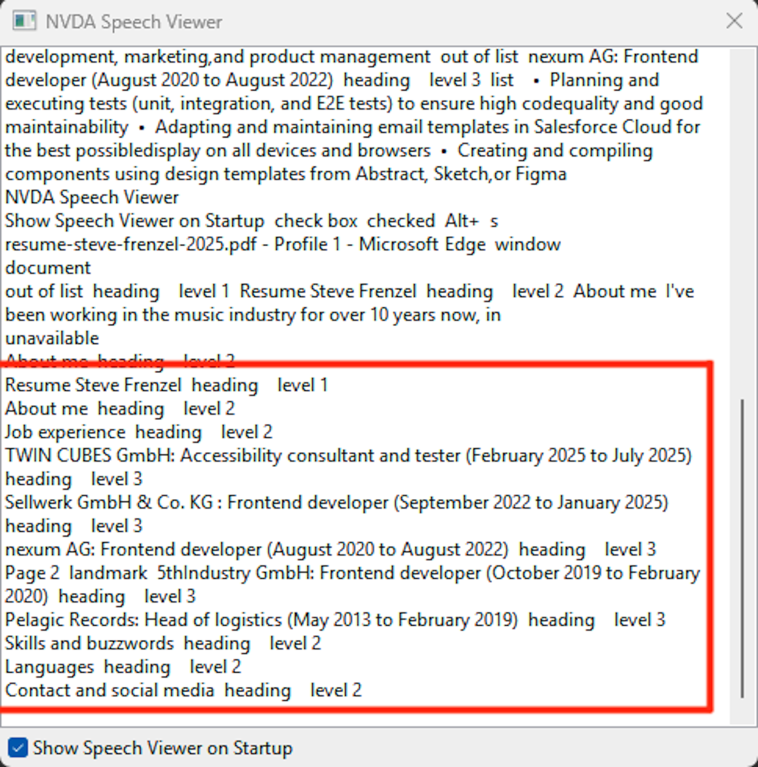 Screenshot of the Speech Viewer window of NVDA screen reader, with the announced headings highlighted. It shows eleven headings in total.