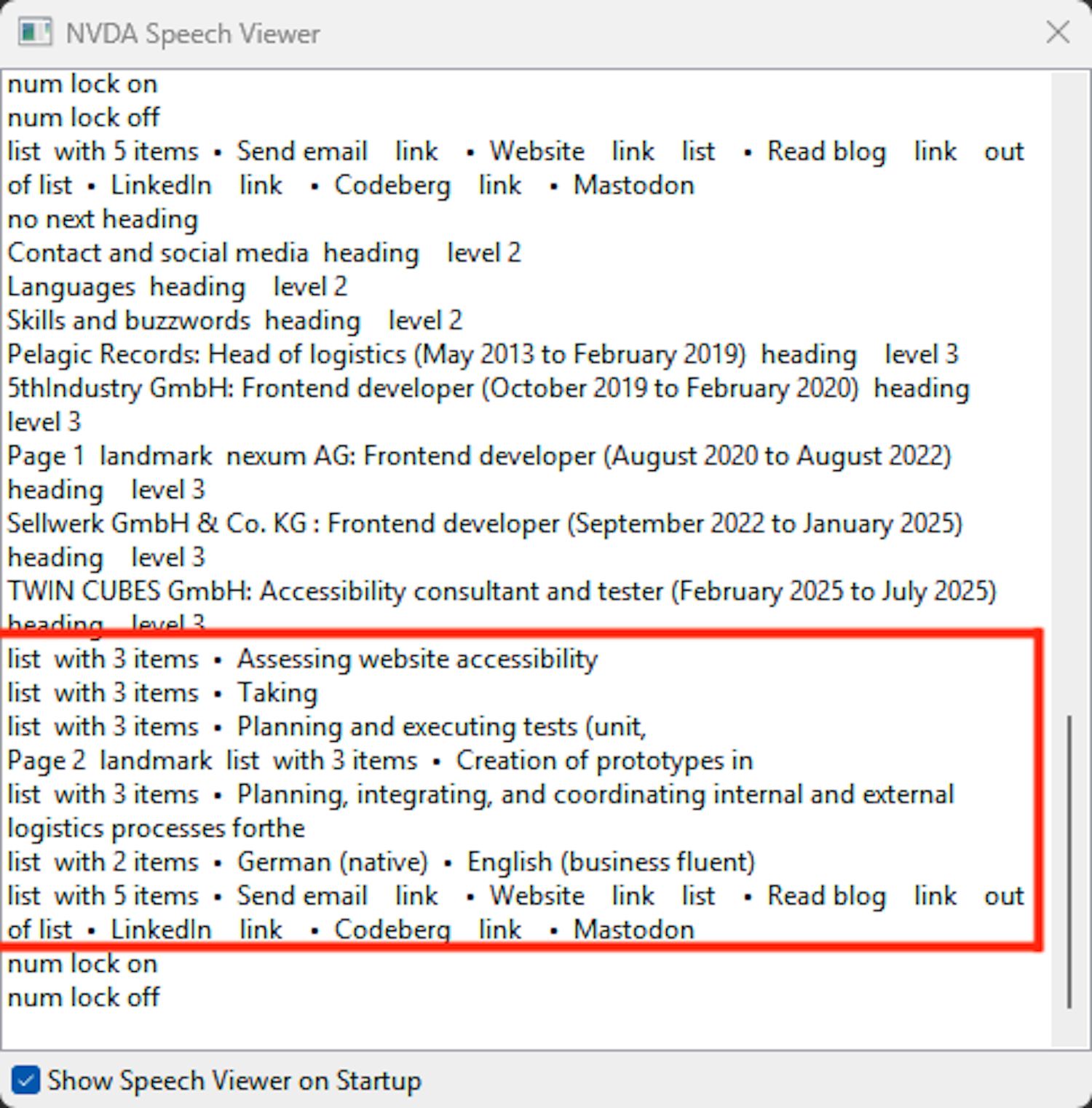 Screenshot of the Speech Viewer window of NVDA screen reader, with the announced lists highlighted. It shows seven lists in total.