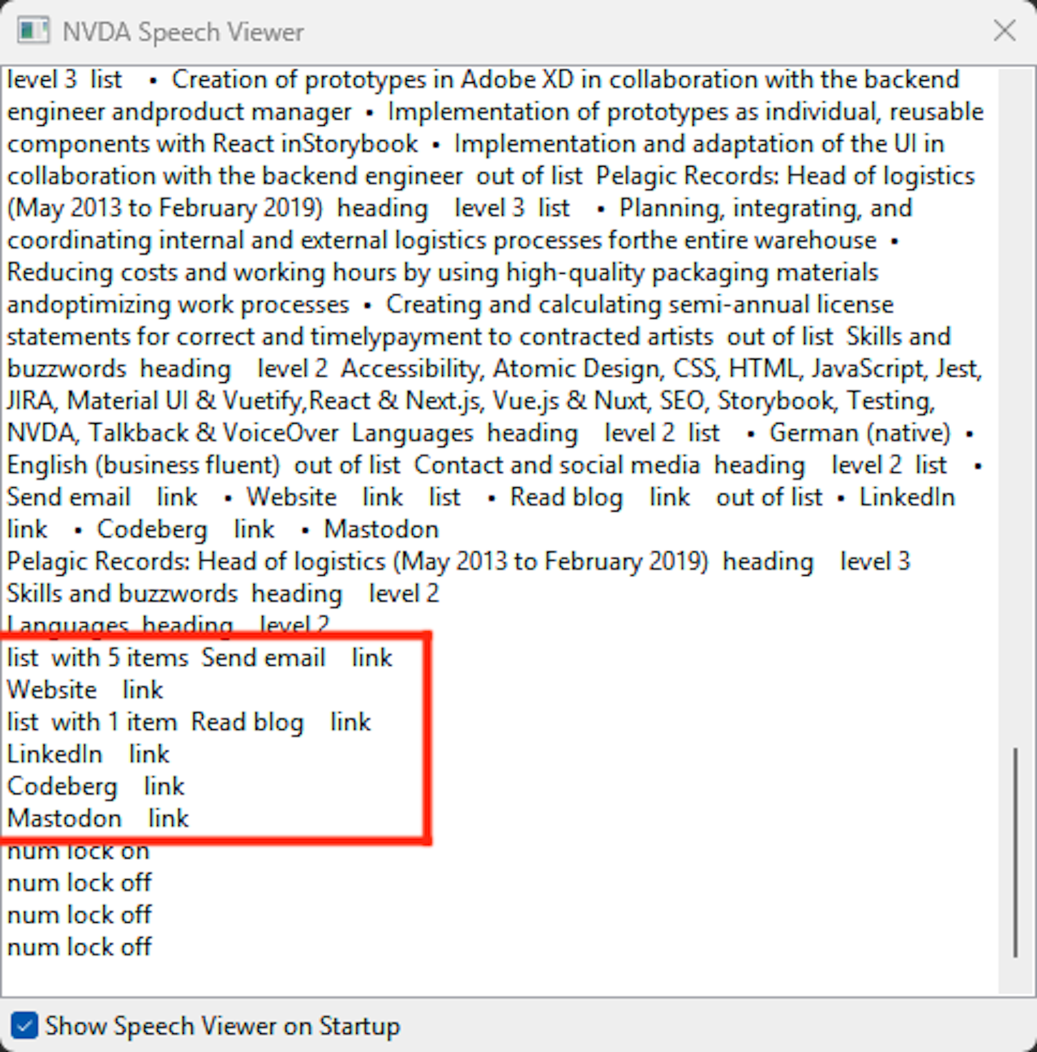 Screenshot of the Speech Viewer window of NVDA screen reader, with the announced links highlighted. It shows six links in total.