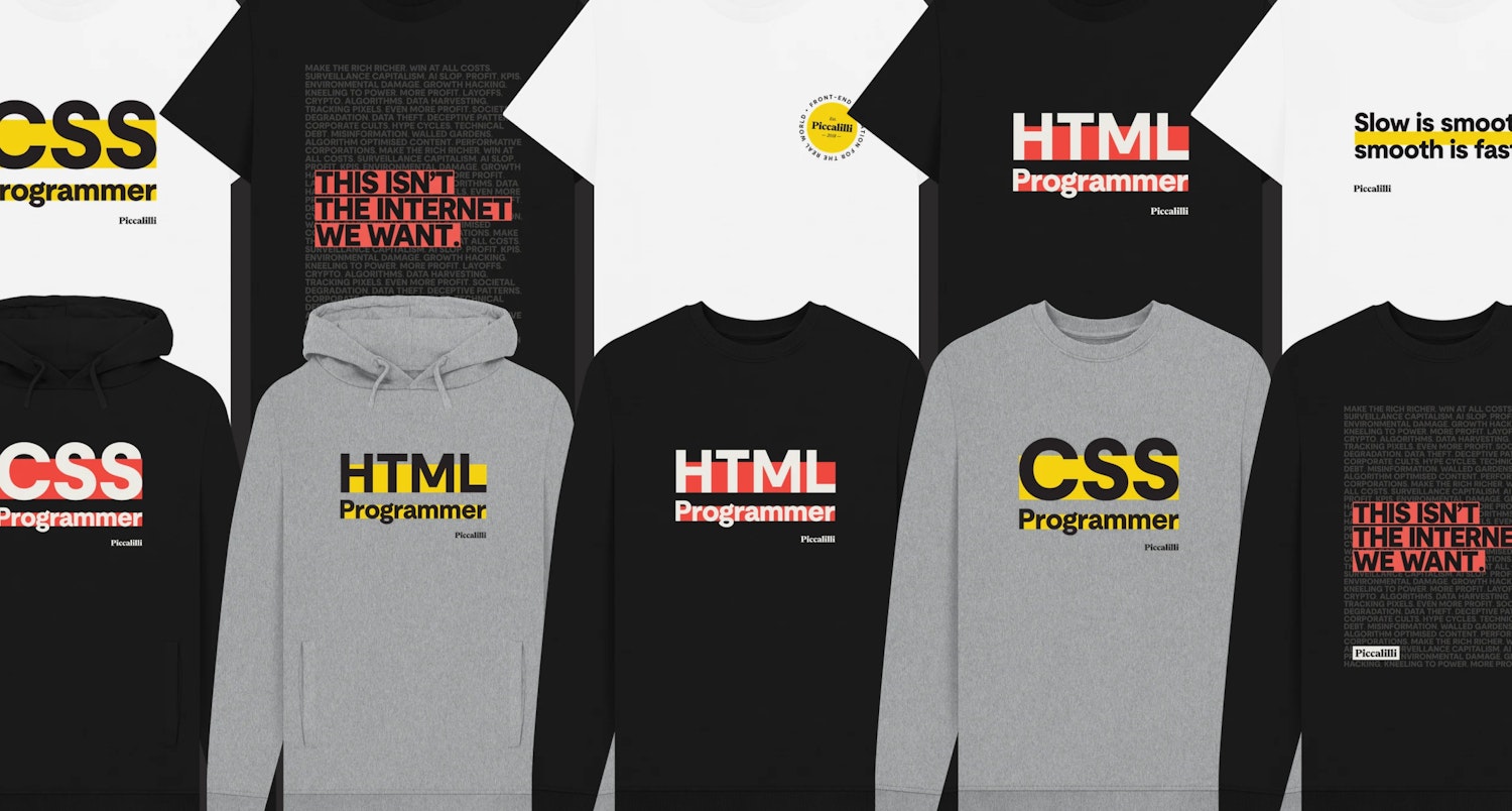 A collection of merch, showing HTML programmer t-shirts, hoodies and sweaters, CSS programmer t-shirts, hoodies and sweaters, along with various other designs