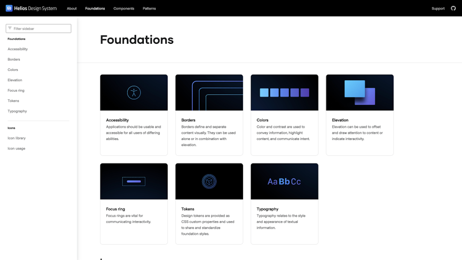 A screen shot of the Helios design system homepage