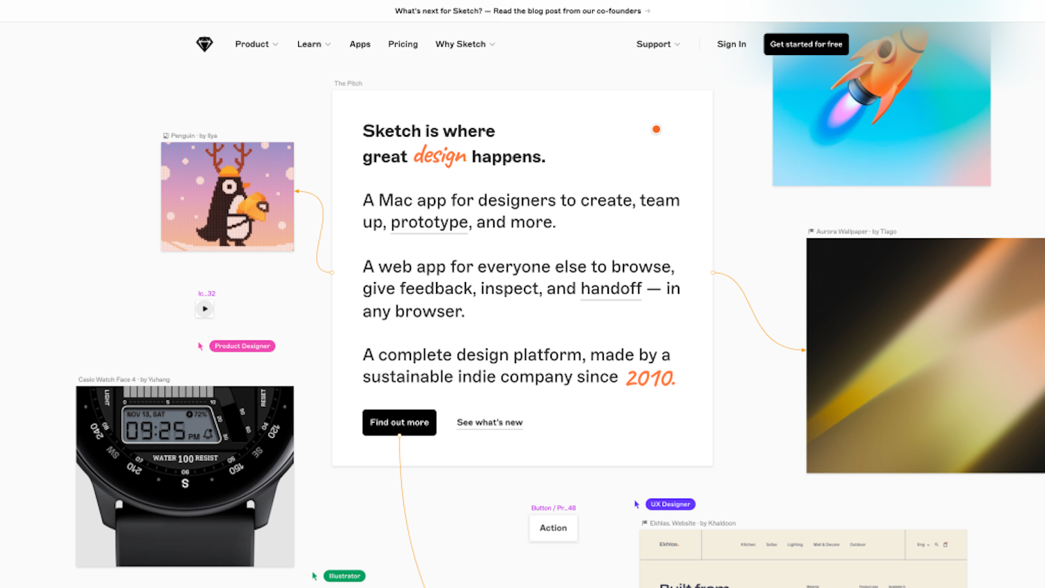 A screen shot of Sketch's homepage