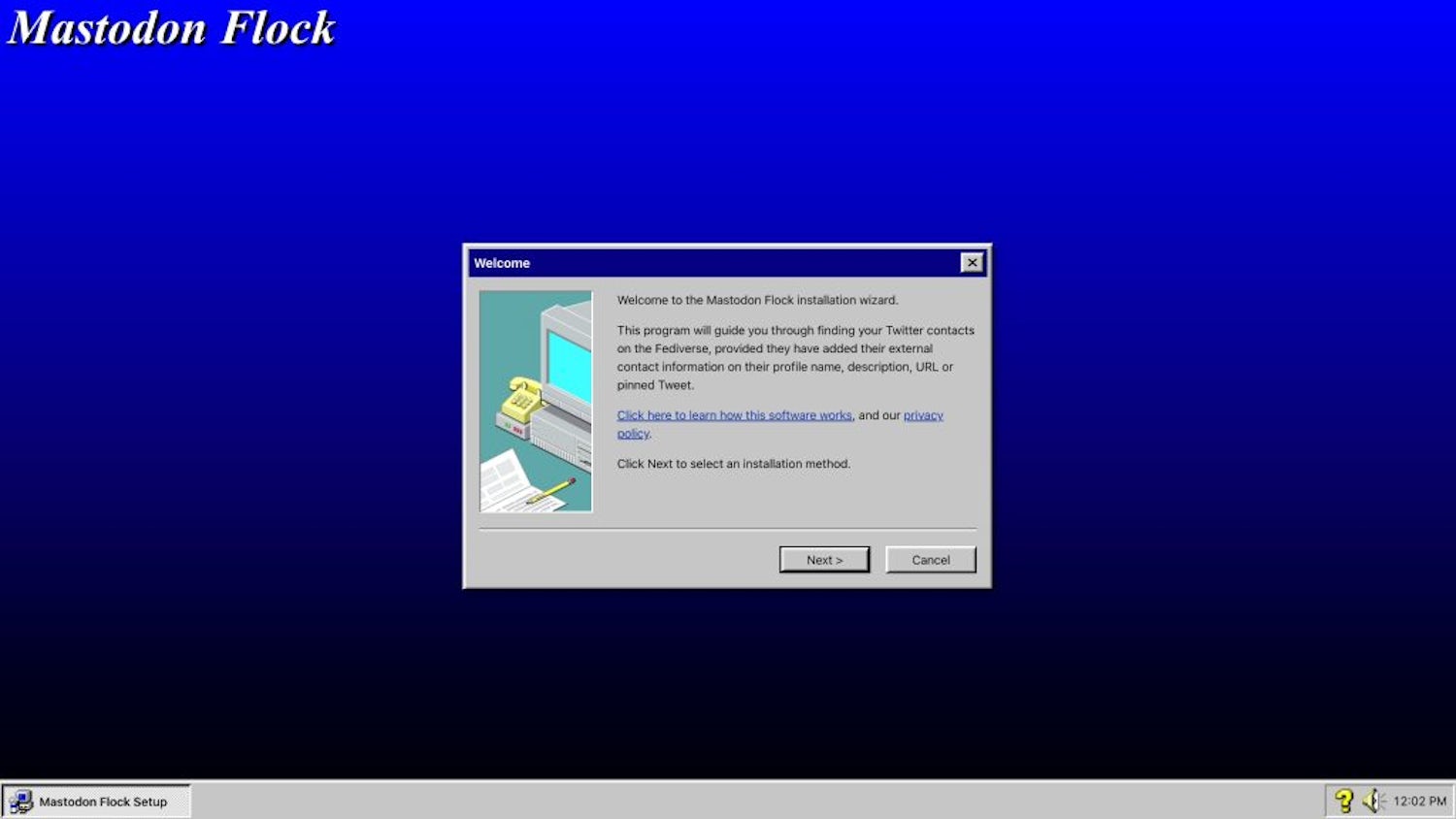The Mastodon Flock start screen, which looks like a Windows 95 installer 