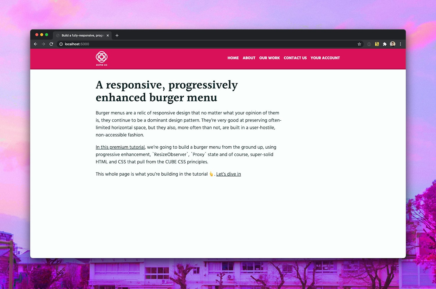 A fully styled page with a bright reddish pink main site head